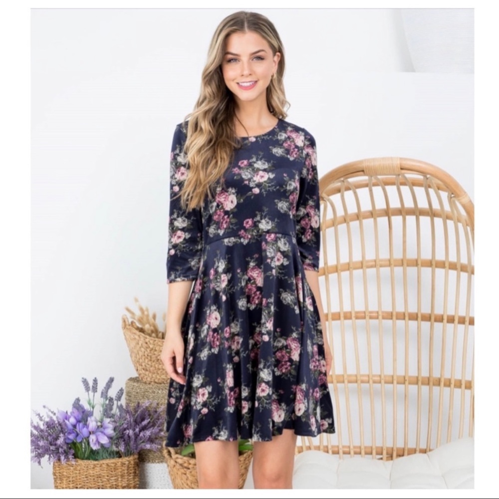 3 total- Navy Floral Velvet Cute Women's Dress - Picture 6 of 7